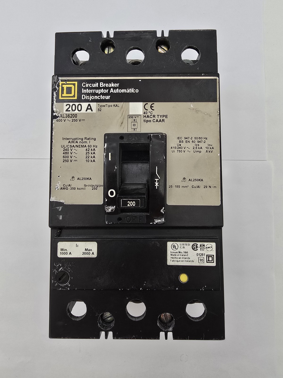 Square D KAL36200 Bolt On Circuit Breaker 200A 600VAC 250VDC HACR 50/60Hz