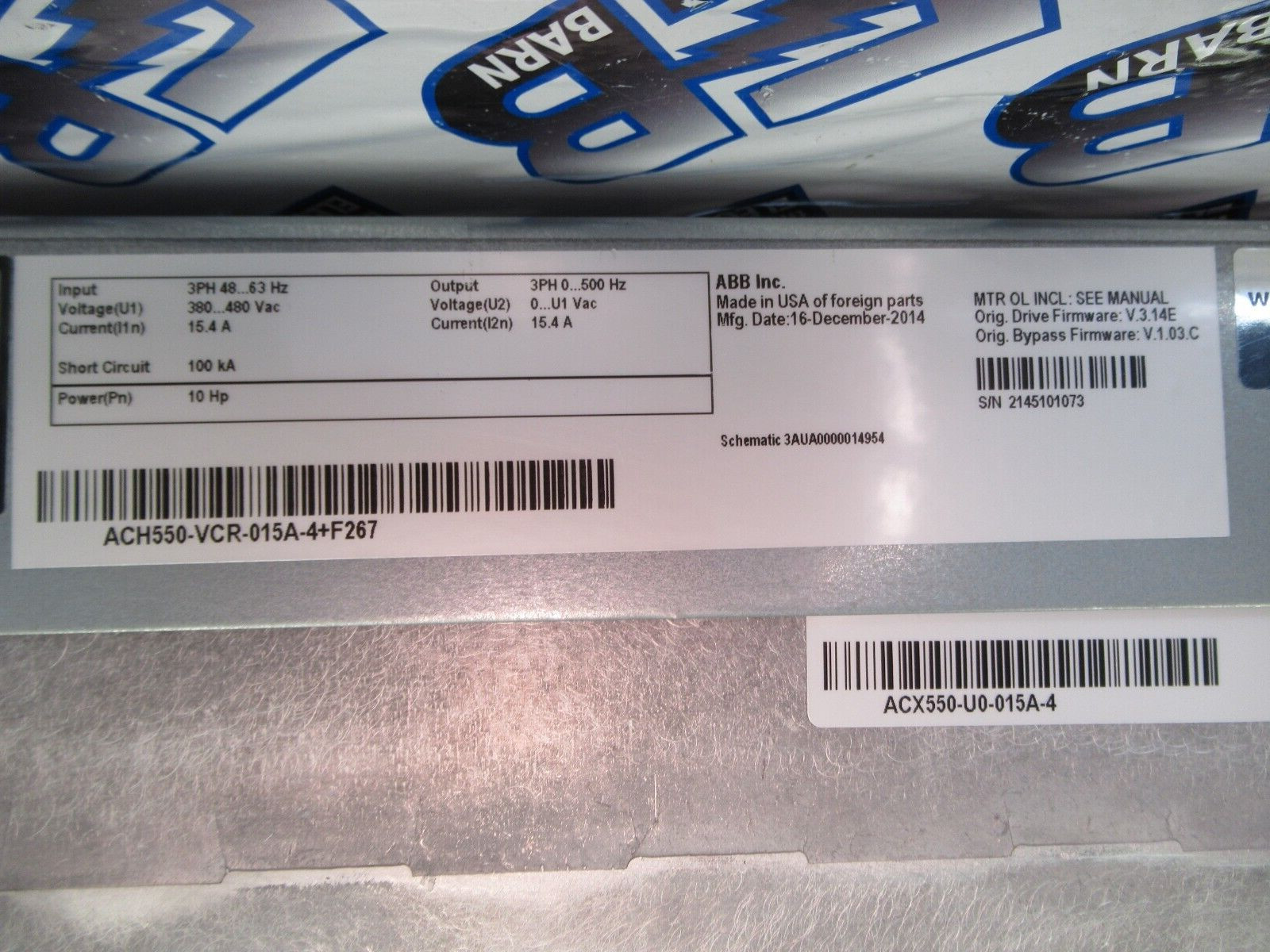 ABB ACH550 VFD, 10HP, 480 Volt, 3 Phase, Bypass-TEST REPORT+WARRANTY- V26