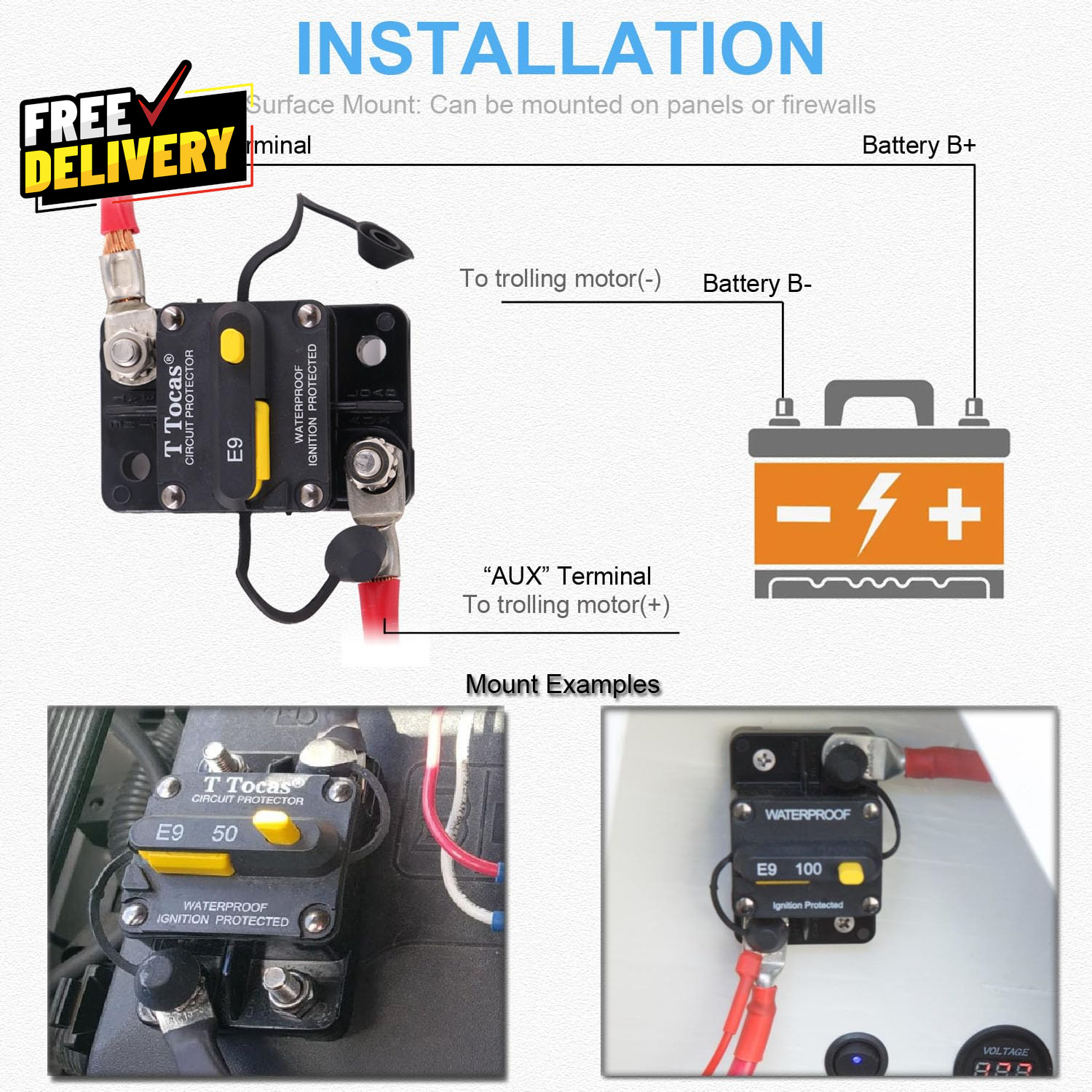 E9 T3 Hi Amp 200A 3/8 Studs Circuit Breaker with Manual Reset 12V – 48V DC