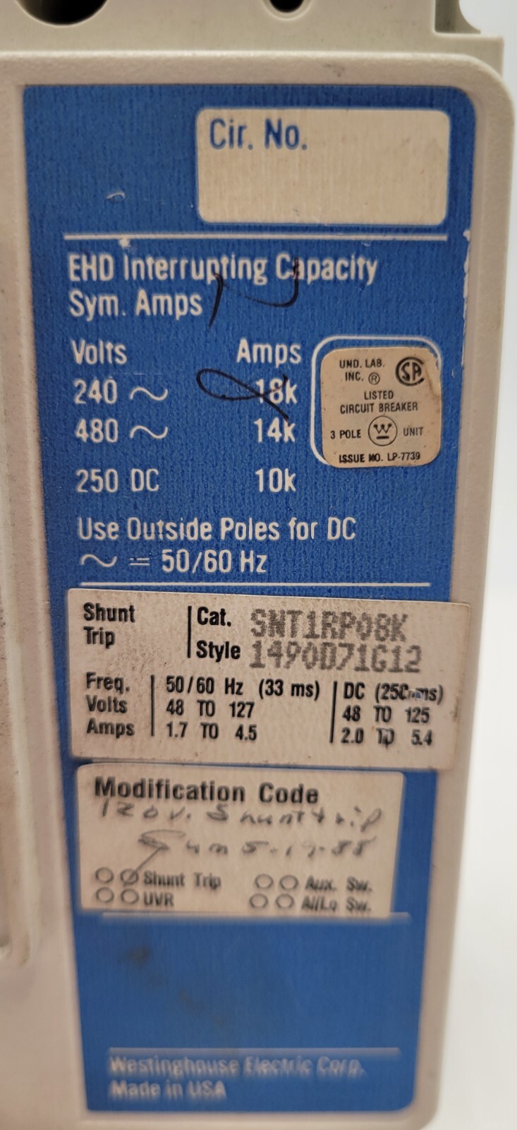 Westinghouse EHD3035 Bolt-On Circuit Breaker 35A 480V 3P 3PH Type EHD Series C