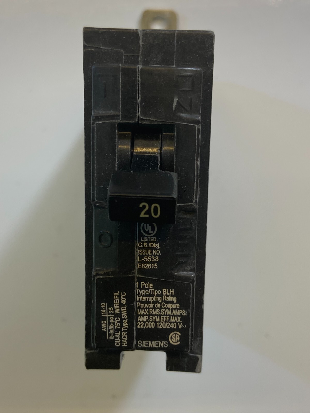 Siemens Murray Bryant ITE B120H 20-Amp 1-Pole Type-BLH 22KAIC Breaker TESTED OK