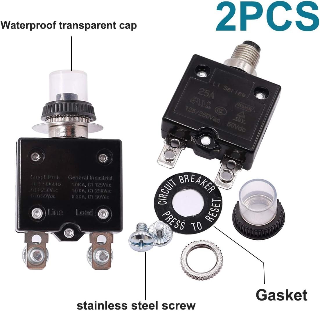 2Pcs 30Amp Circuit Breakers Push Button Manual Reset 125/250V AC 50V DC, L1 Seri