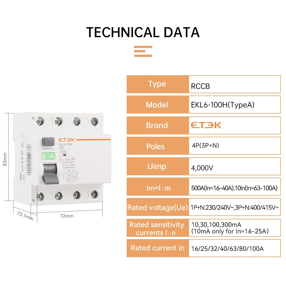ETEK Type A RCD RCCB Electromechanic Residual Current Circuit Breaker 30ma 2 Pol