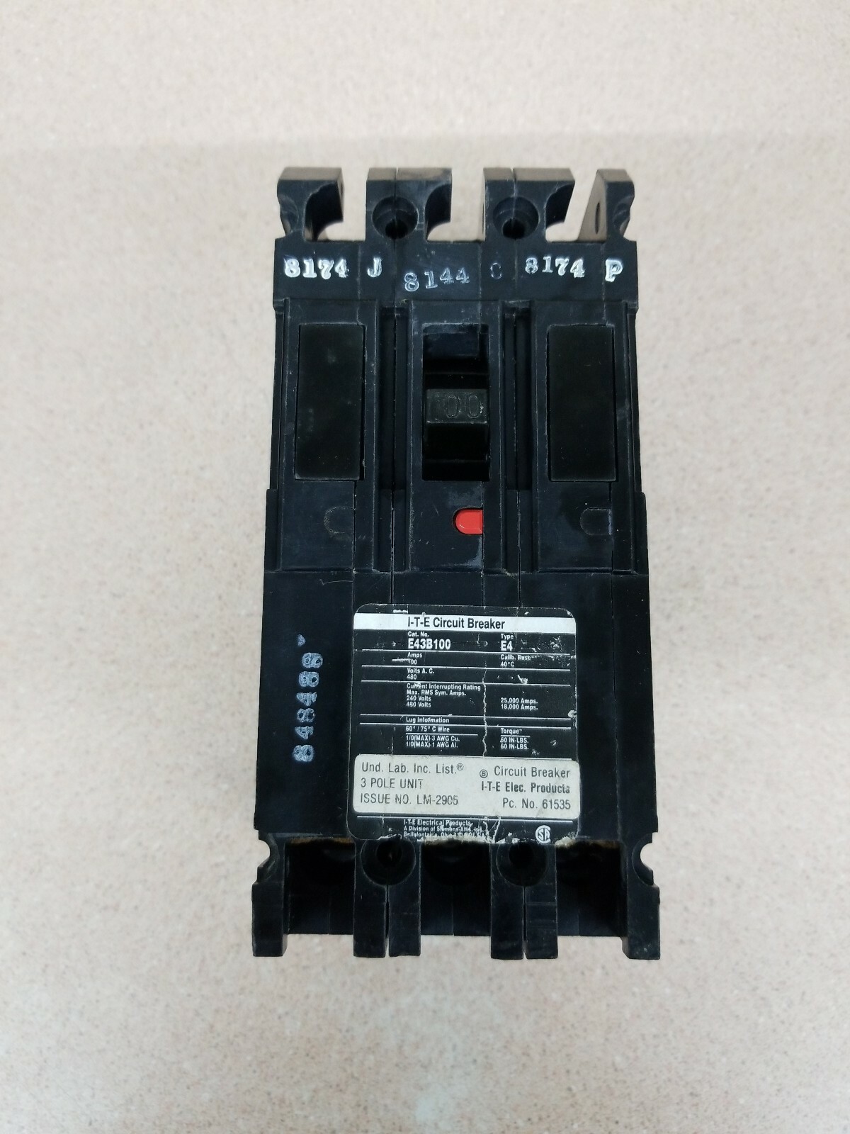 CIRCUIT BREAKER E43B100 100 AMPS 3 POLE 480 VOLTS ITE/ GOULD BREAKER