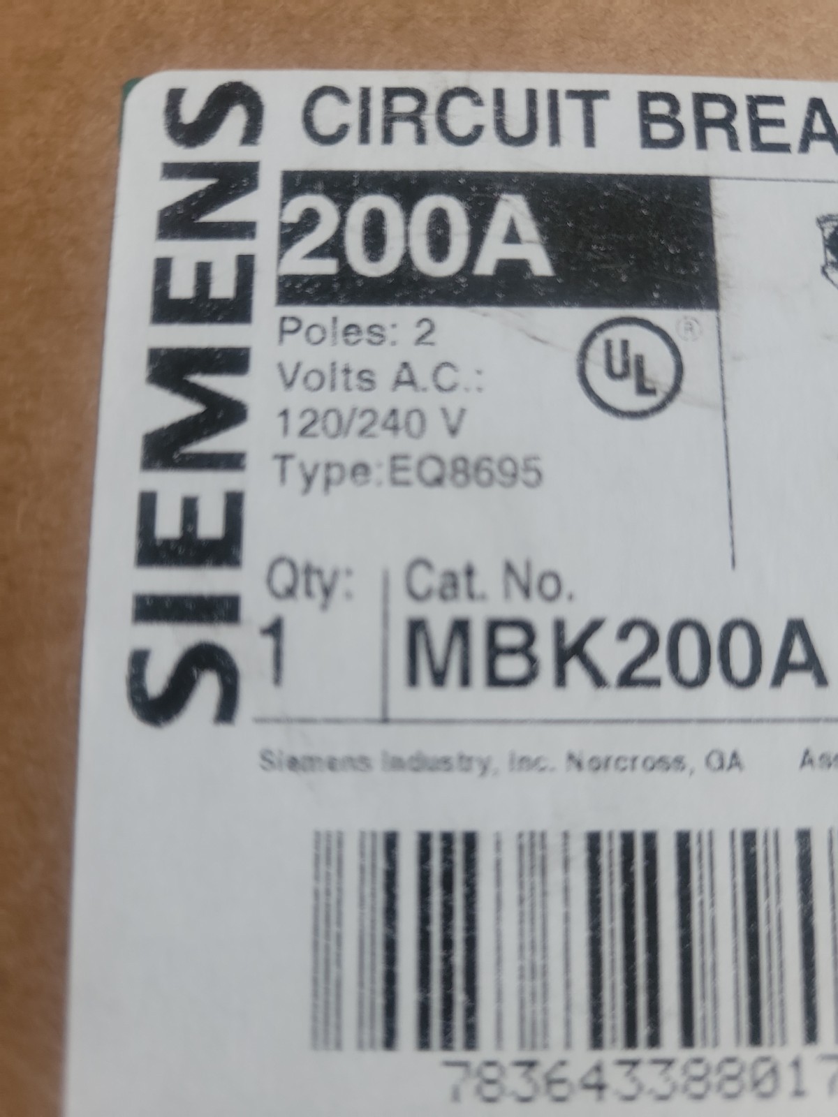 SIEMENS MBK200A, 200A Riser Main Breaker 2 poles 120/240V AC Type EQ8695
