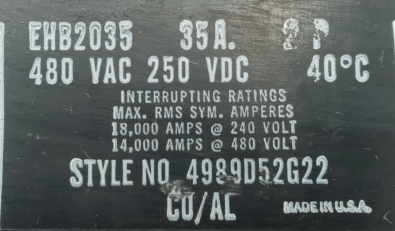 Westinghouse EHB2035 2 Pole Circuit Breaker 35A 480VAC 250VDC