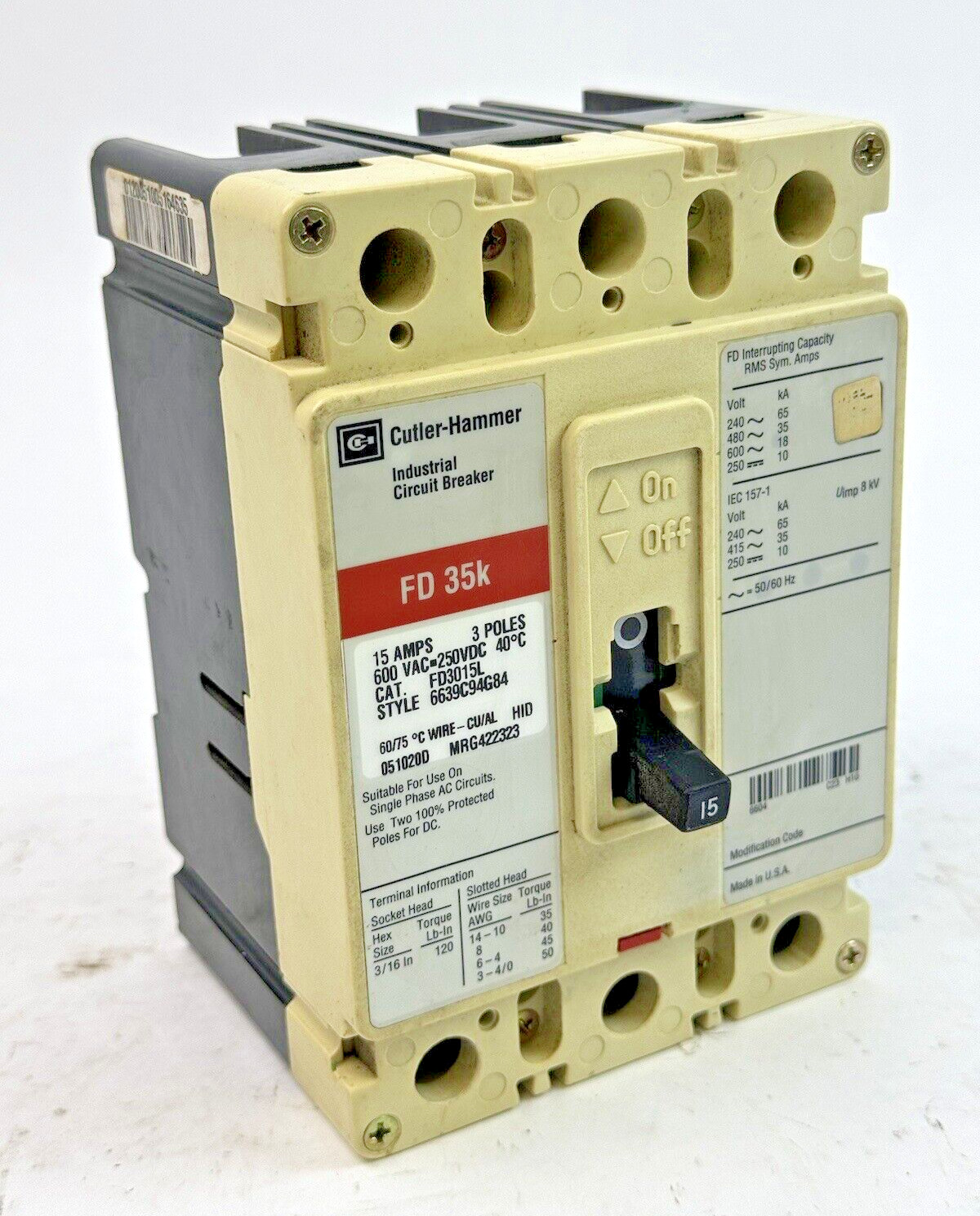 EATON / CUTLER-HAMMMER – FD3015L – CIRCUIT BREAKER – 3 POLE/ 15 A/ 600 VAC