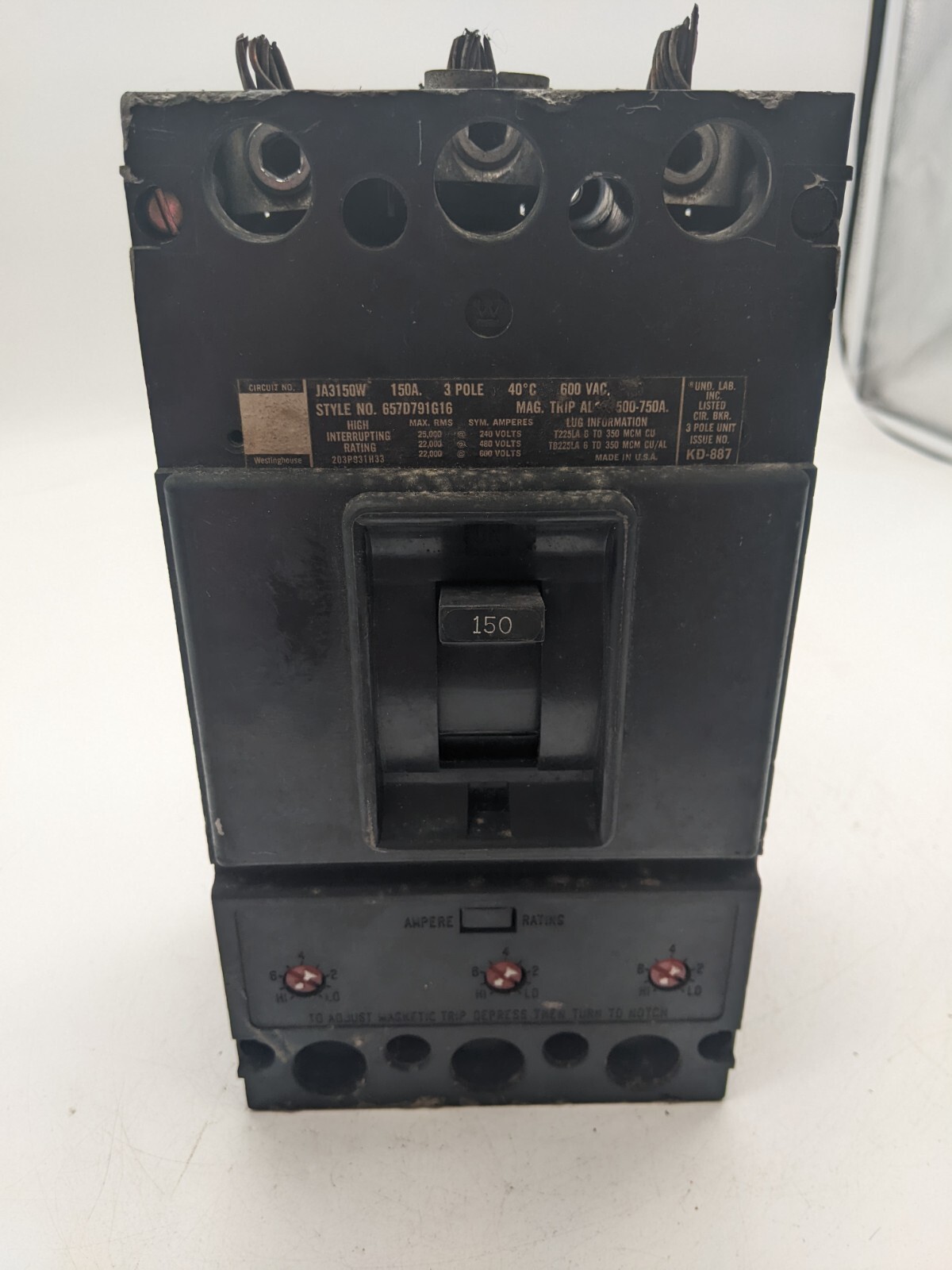 Westinghouse JA3150W Bolt-On Circuit Breaker 150A 600V 3P 3PH JA Used 150 AMP