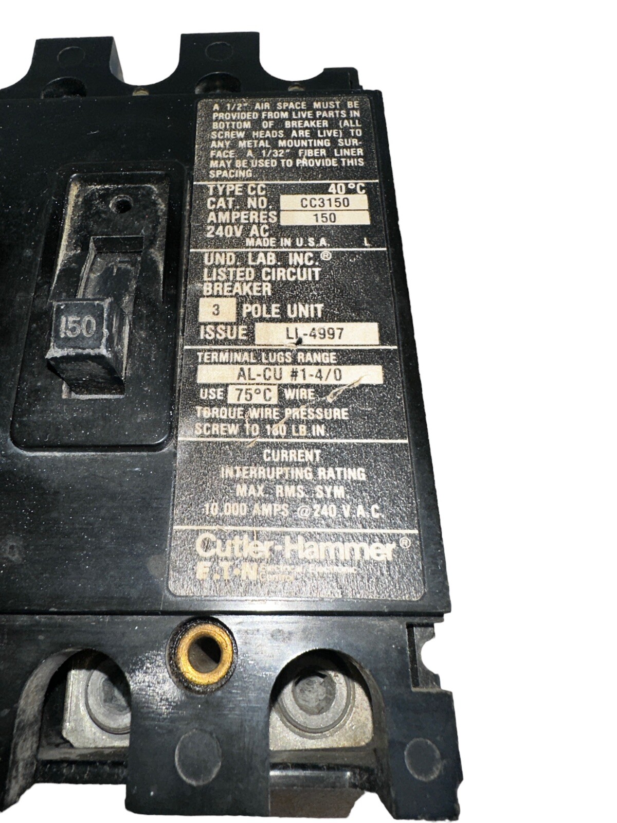 Eaton CC3150 Circuit Breaker 150A 3-Pole 240V Type CC Tenant Main