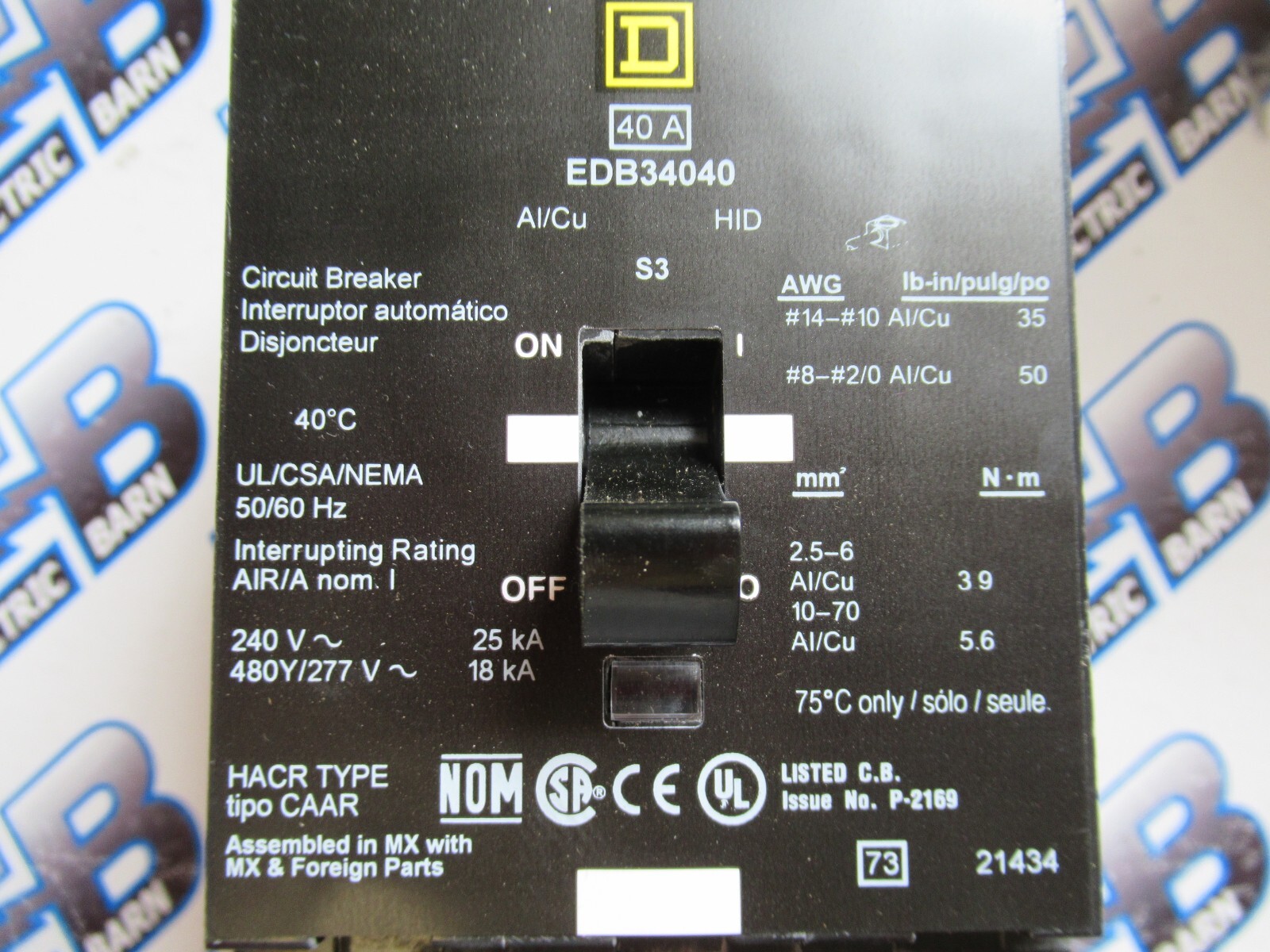 Square D EDB34040 Circuit Breaker 40 Amp 480 Volt 3 Pole Bolt On 18K -NEW-S