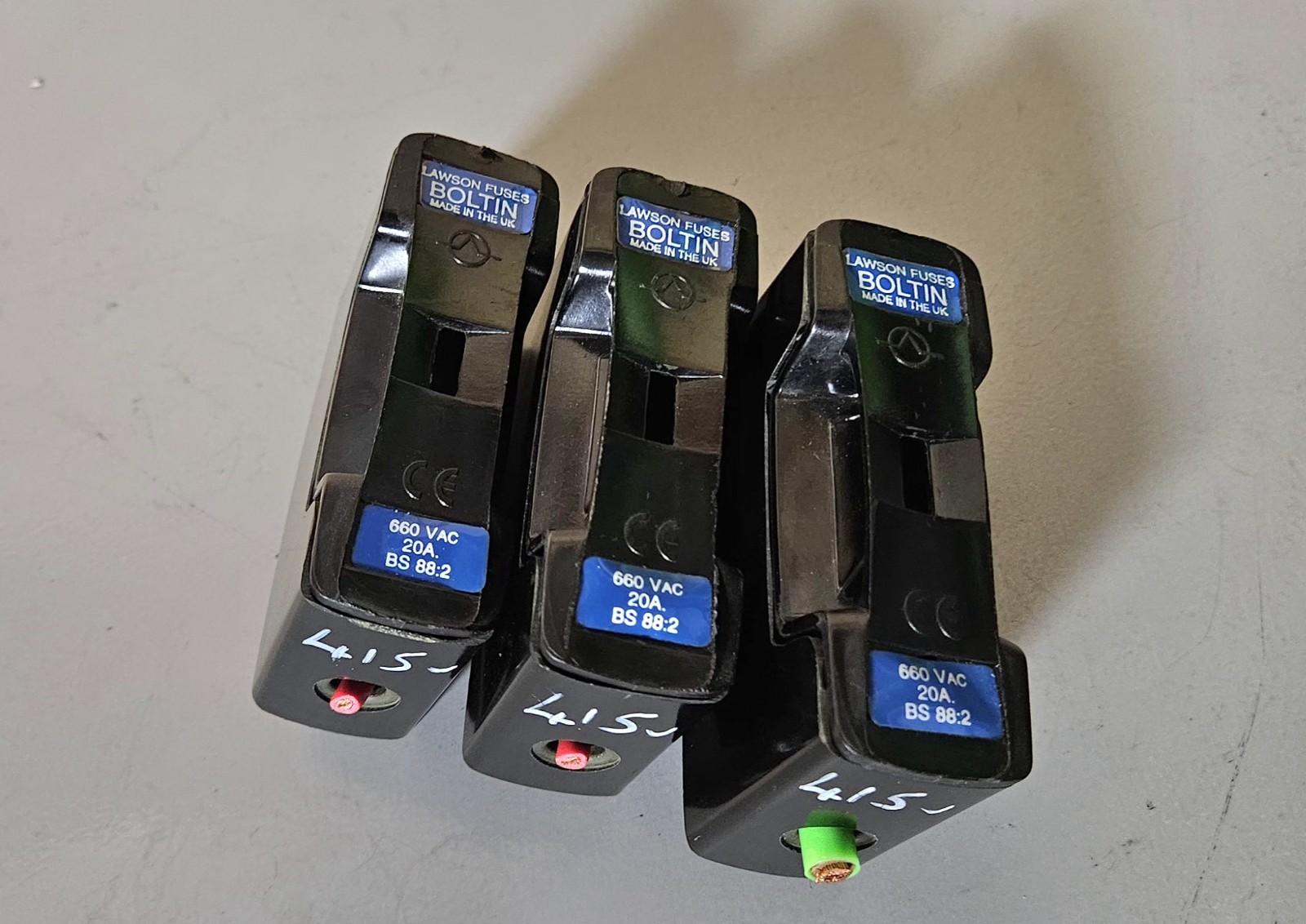 3 Lawson, 690V, 20A, 1 Pole EACH, Bolt In, FUSE HOLDER Used.