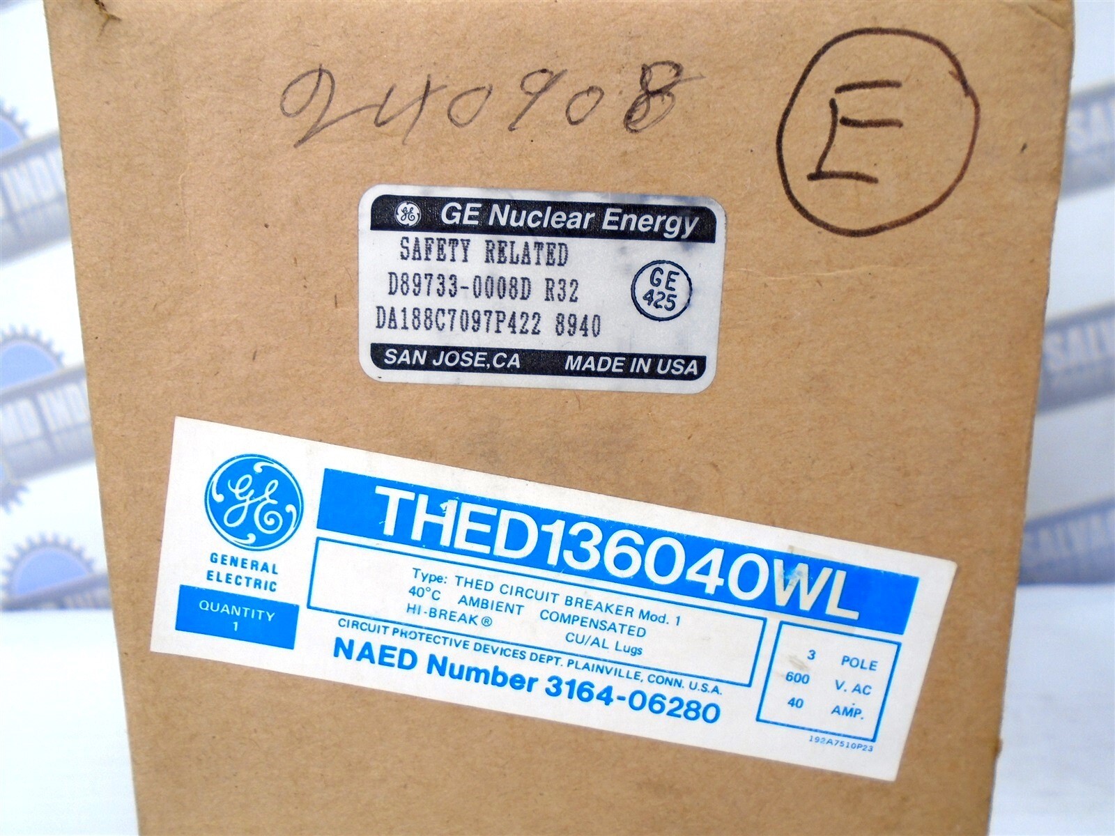 GE – THED136040WL – 40A – 3 Pole – 240-600 VAC – w/EXTERNAL RESISTOR 20k Ω 25W