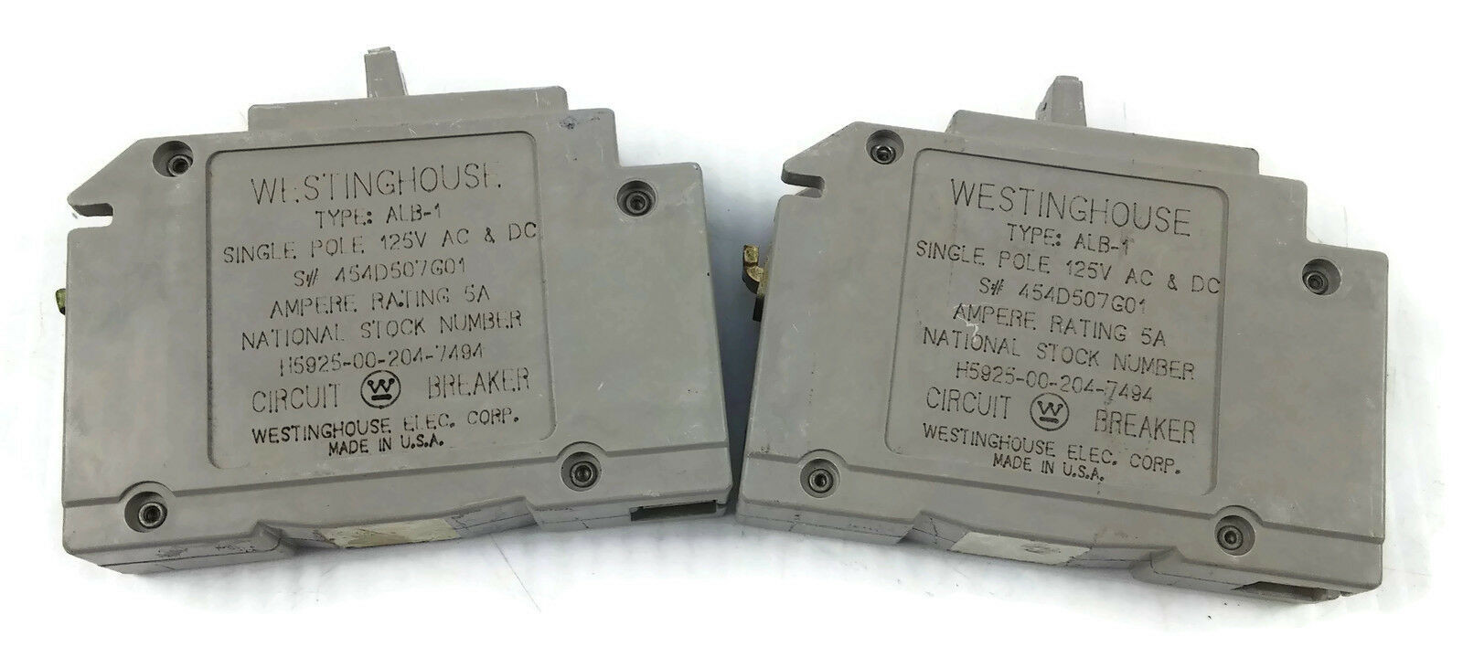 Lot Of 2 Westinghouse Type ALB-1 Single Pole 125 VAC & DC 5 Amp Circuit Breaker