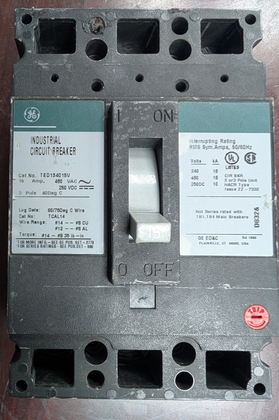 🤪 GE GENERAL ELECTRIC 15 AMP CIRCUIT BREAKER 480 VAC 250 VDC 3 POLE TED134015V