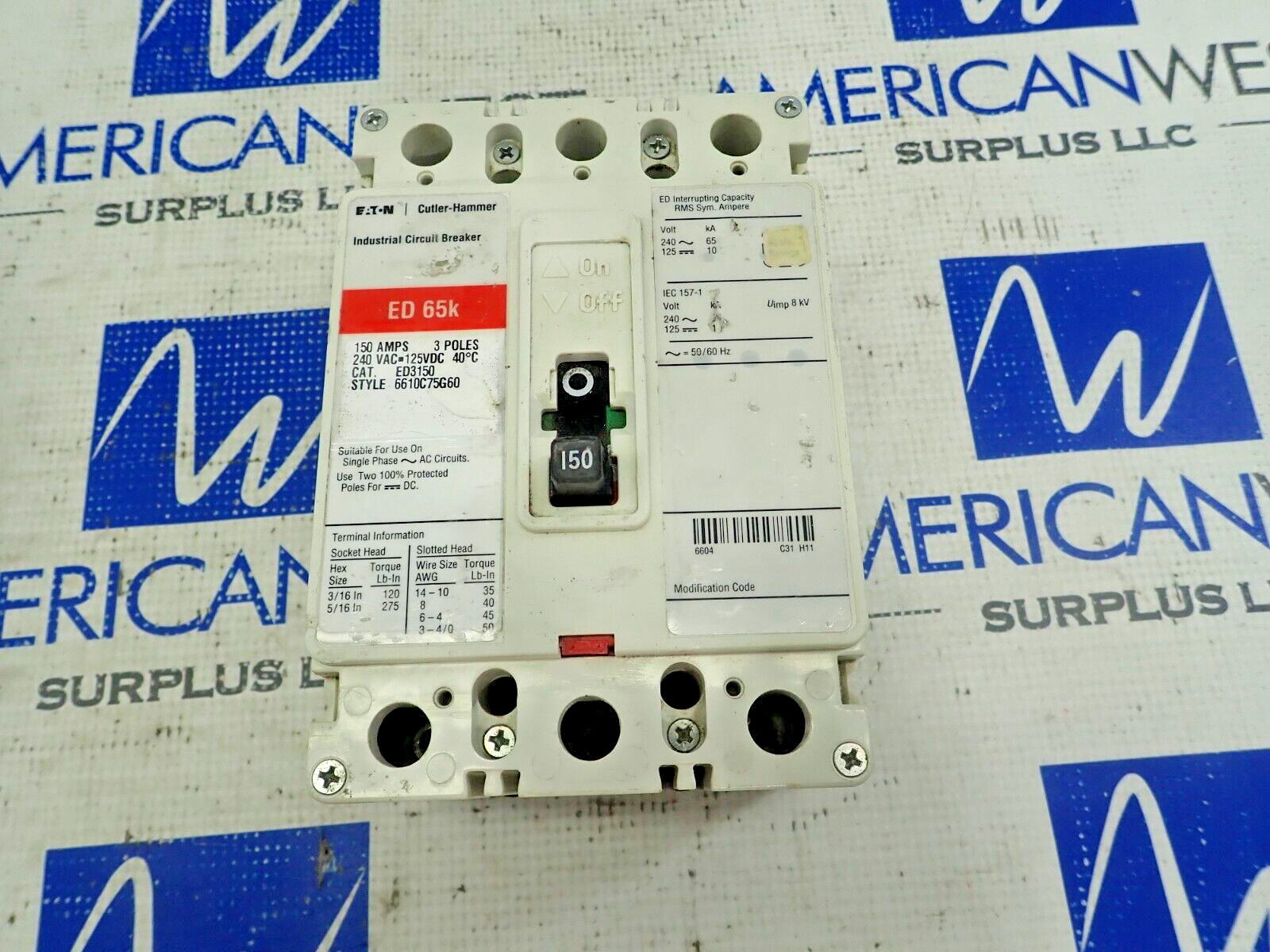 Eaton/CUTLER HAMMER ED3150 Circuit Breaker 3 POLE 150A 240V 65K *TESTED* chip