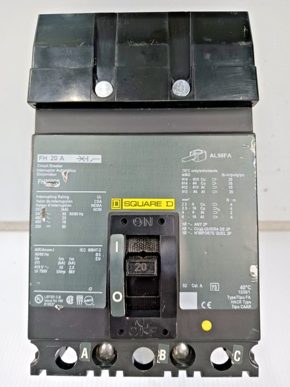 New Square D 20 Amp I-Line Circuit Breaker 600 VAC / 250 VDC 3 Pole 25kA FH36020