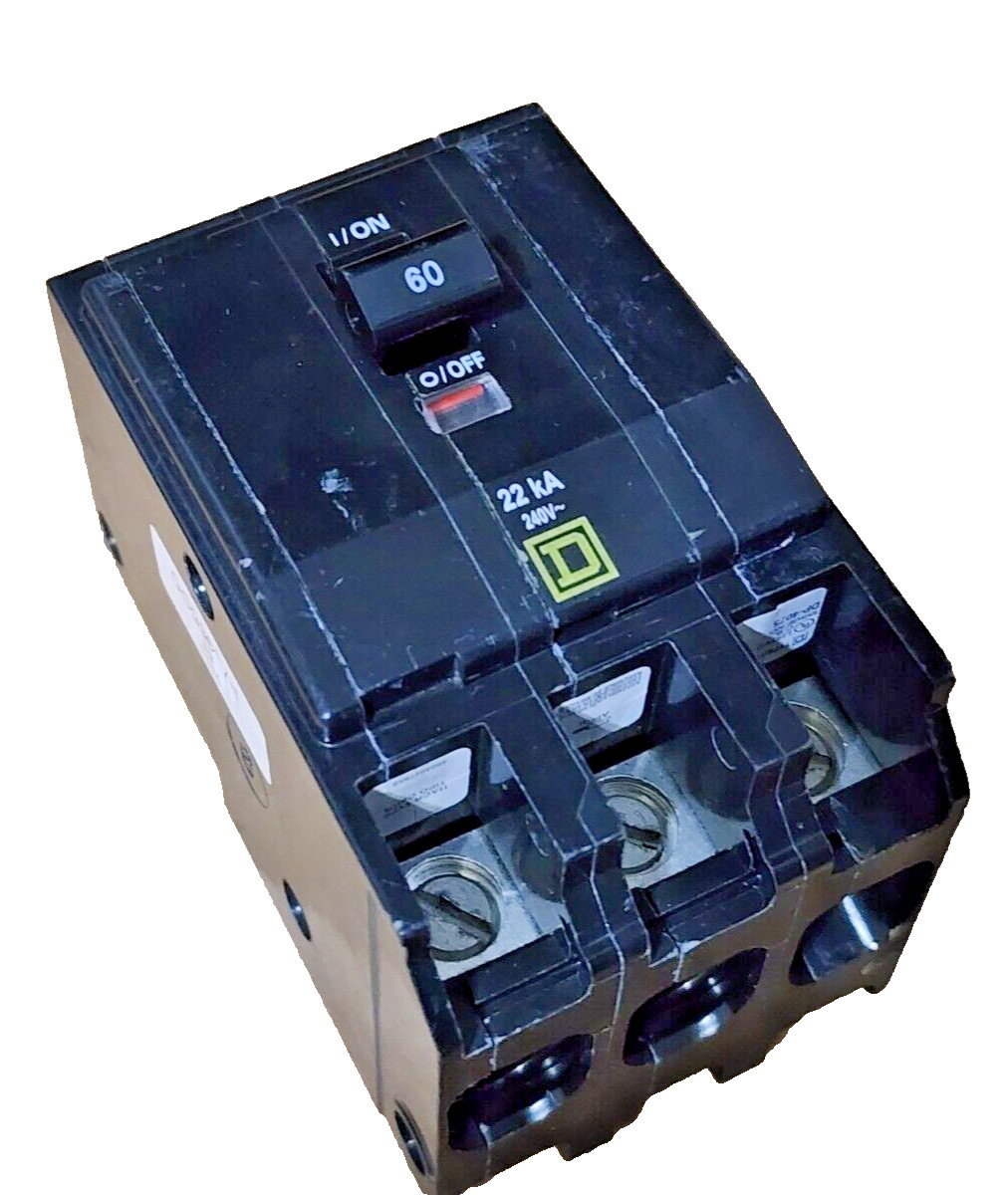 Square D QOB360VH, 3 Pole, 60 Amp, 22kA, Bolt-On Circuit Breaker 240Vac