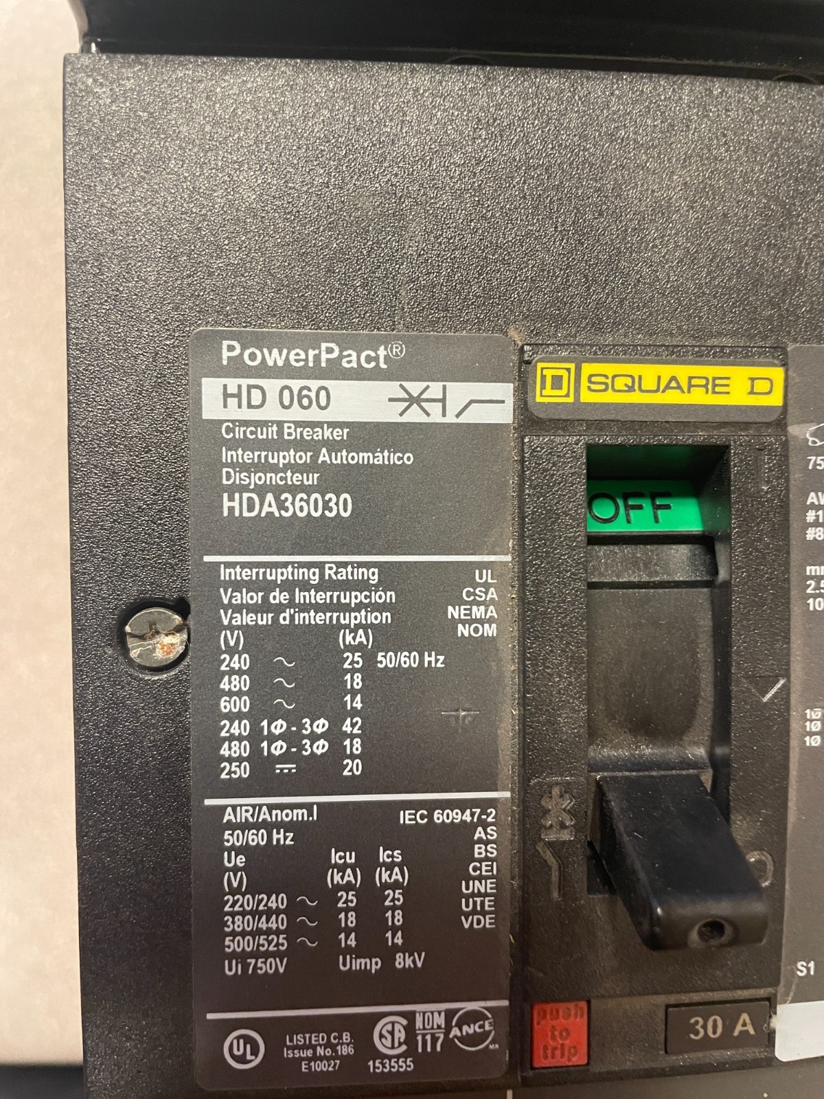 NEW TAKE SQUARE D HDA36030SN POWERPACT I-LINE 3 POLE 30 AMP 480v CIRCUIT BREAKER