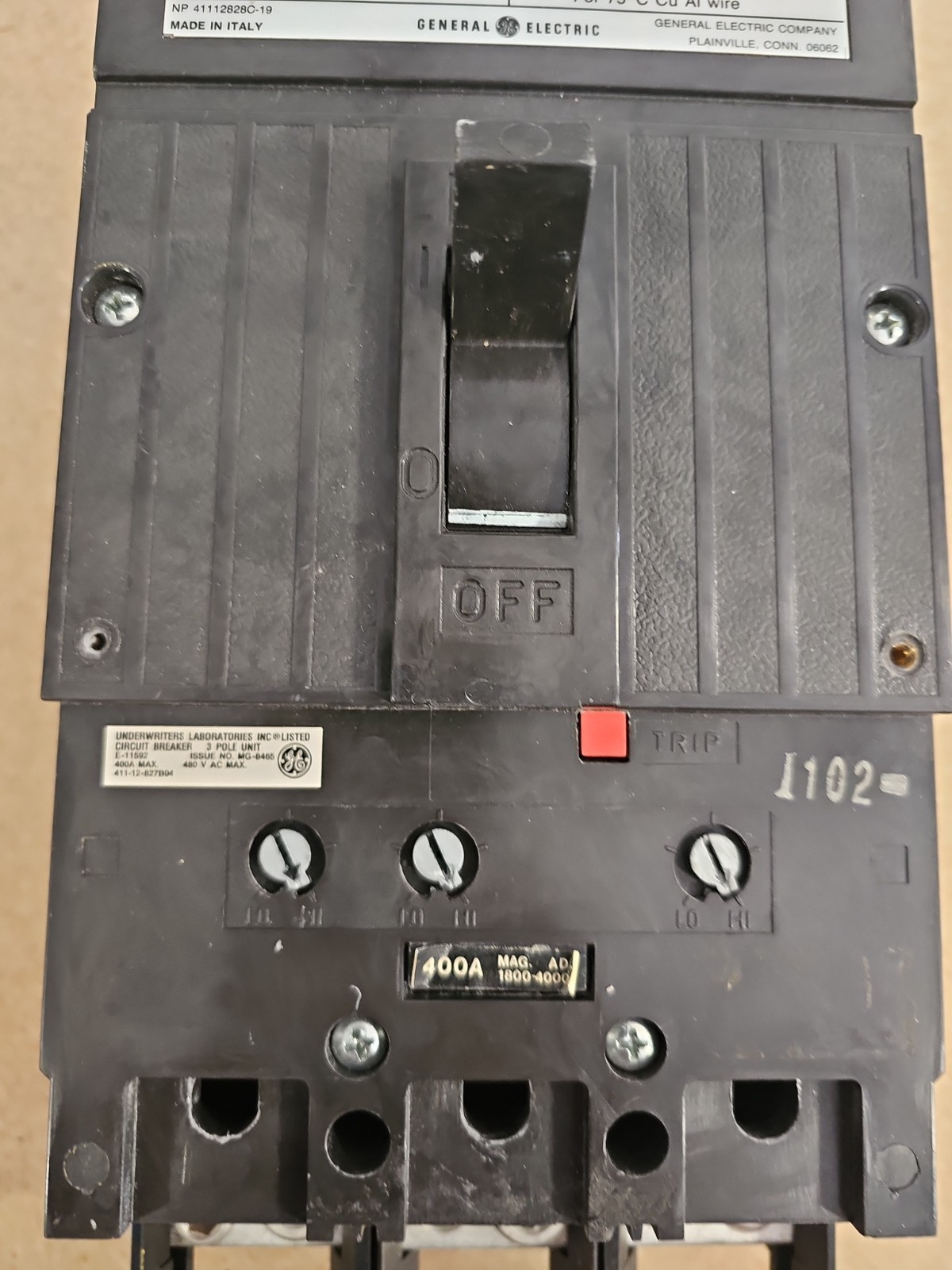 GE 400 Amp Circuit Breaker 3 Pole 480 VAC TLB434400 MAG ADJ MADE IN ITALY TESTED
