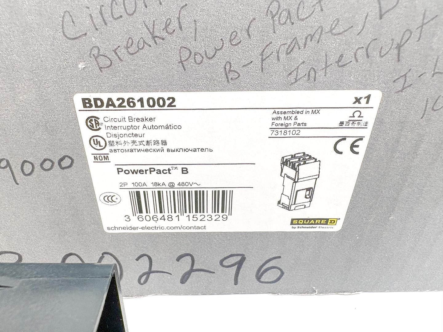 New Square D BDA261002 PowerPact Circuit Breaker 100A 480V 2-Pole