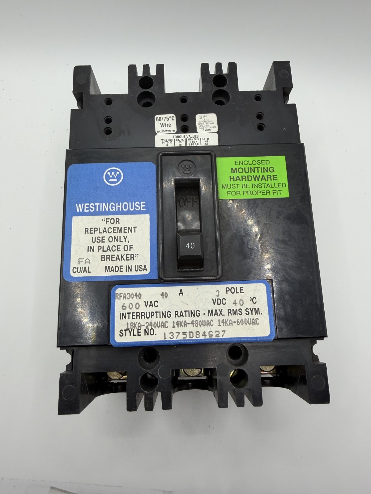 Westinghouse RFA3040 40A 600V 3P Circuit Breaker w/ Mounting Hardware – wrnty