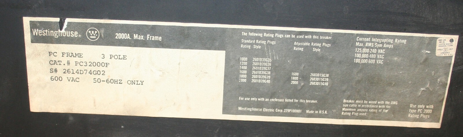 Westinghouse / Cutler Hammer / Eaton PB32000F 3P 600V 2000A Switch