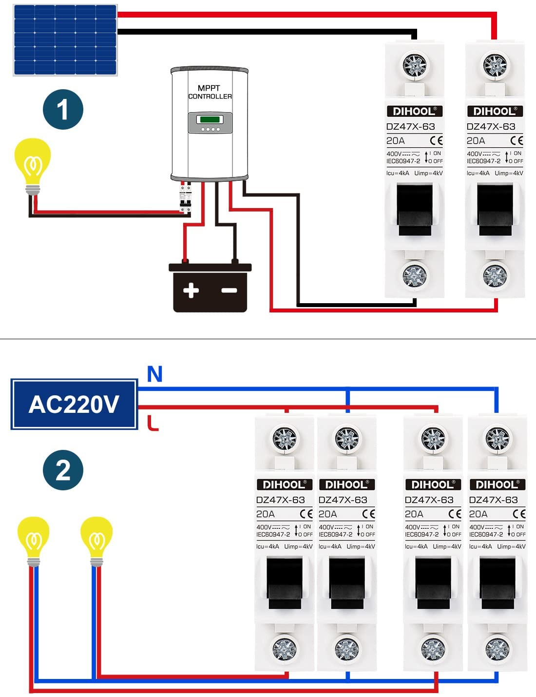 DIHOOL AC/DC Miniature Circuit Breakers, 2 Pack, Single Pole 20 Amp, 12V 24V …