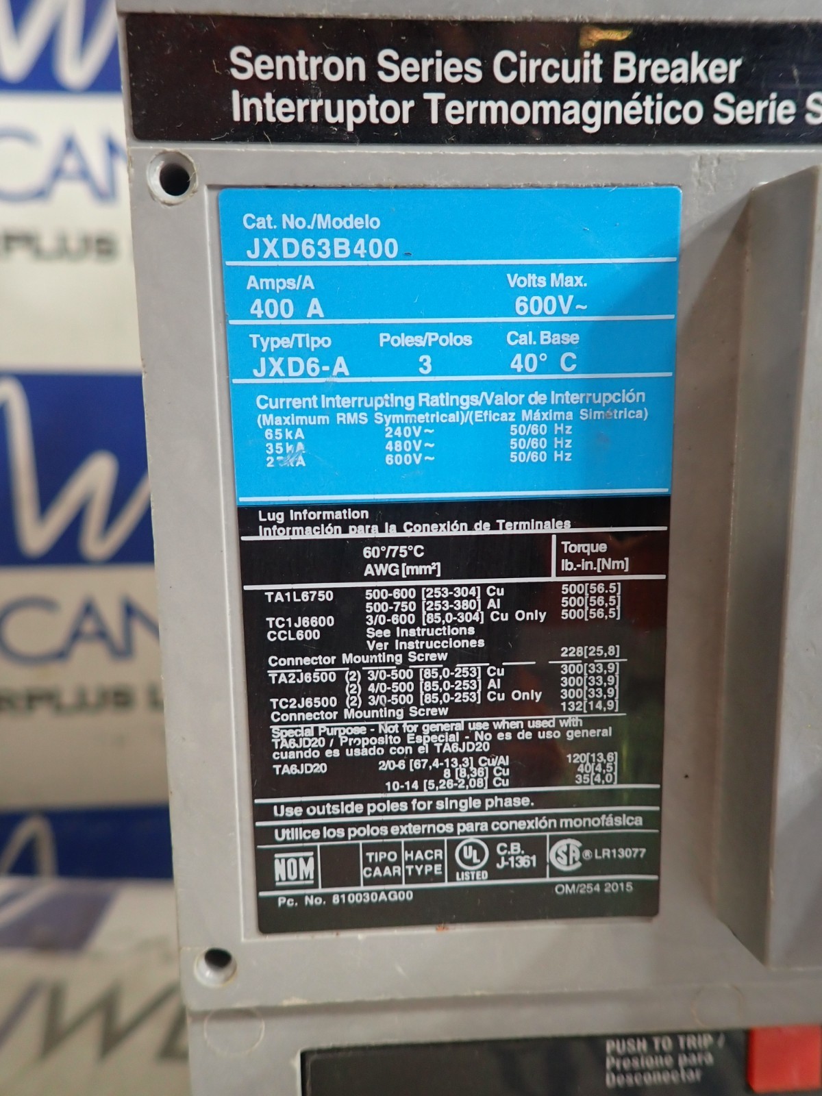 Siemens Sentron JXD63B400 400 amp 3 Phase 35kA@480v Circuit Breaker -TESTED