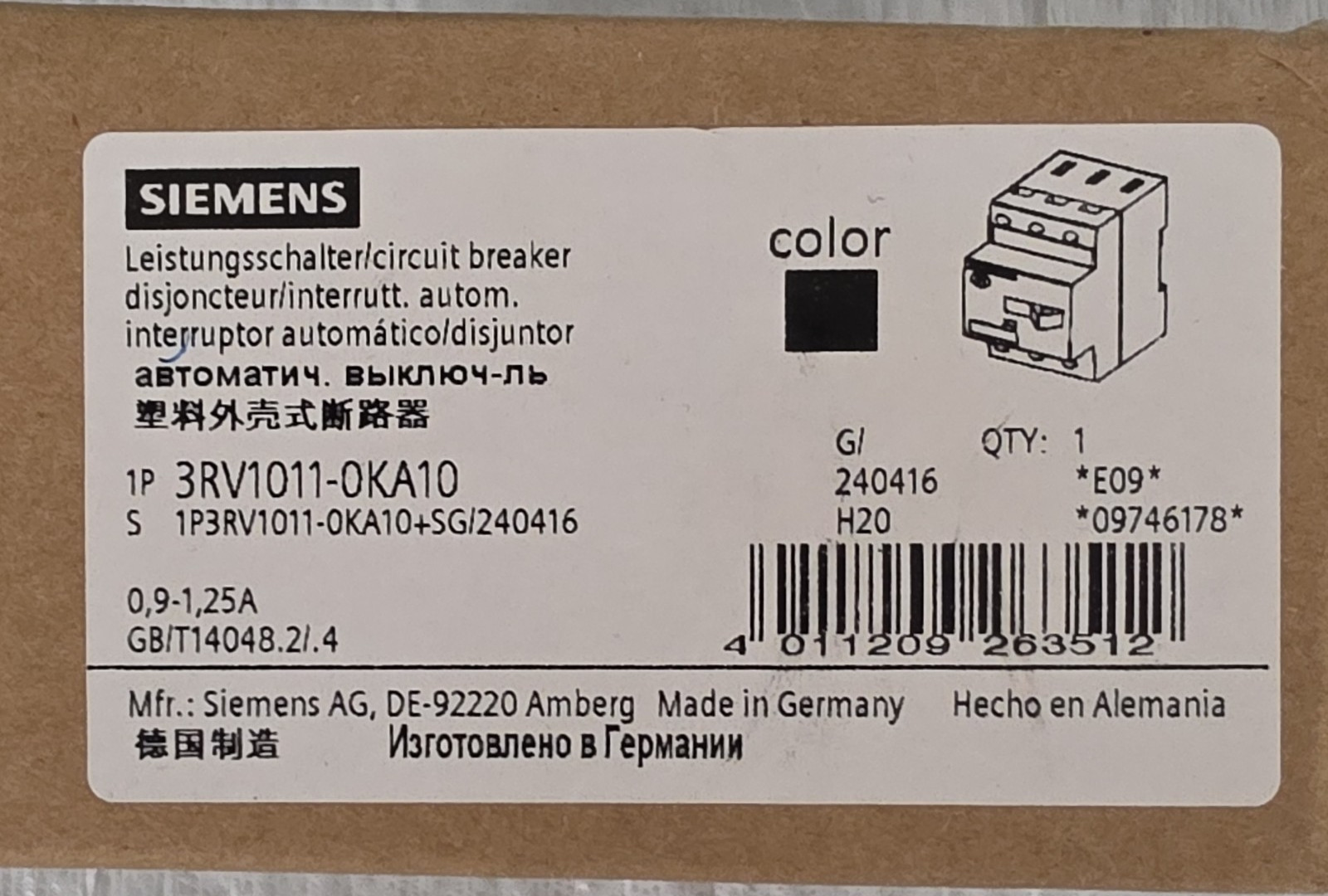 Siemens Sirius 3RV1011-0KA10 Circuit Breaker 0.9-1.25A 3-Pole 200-208V