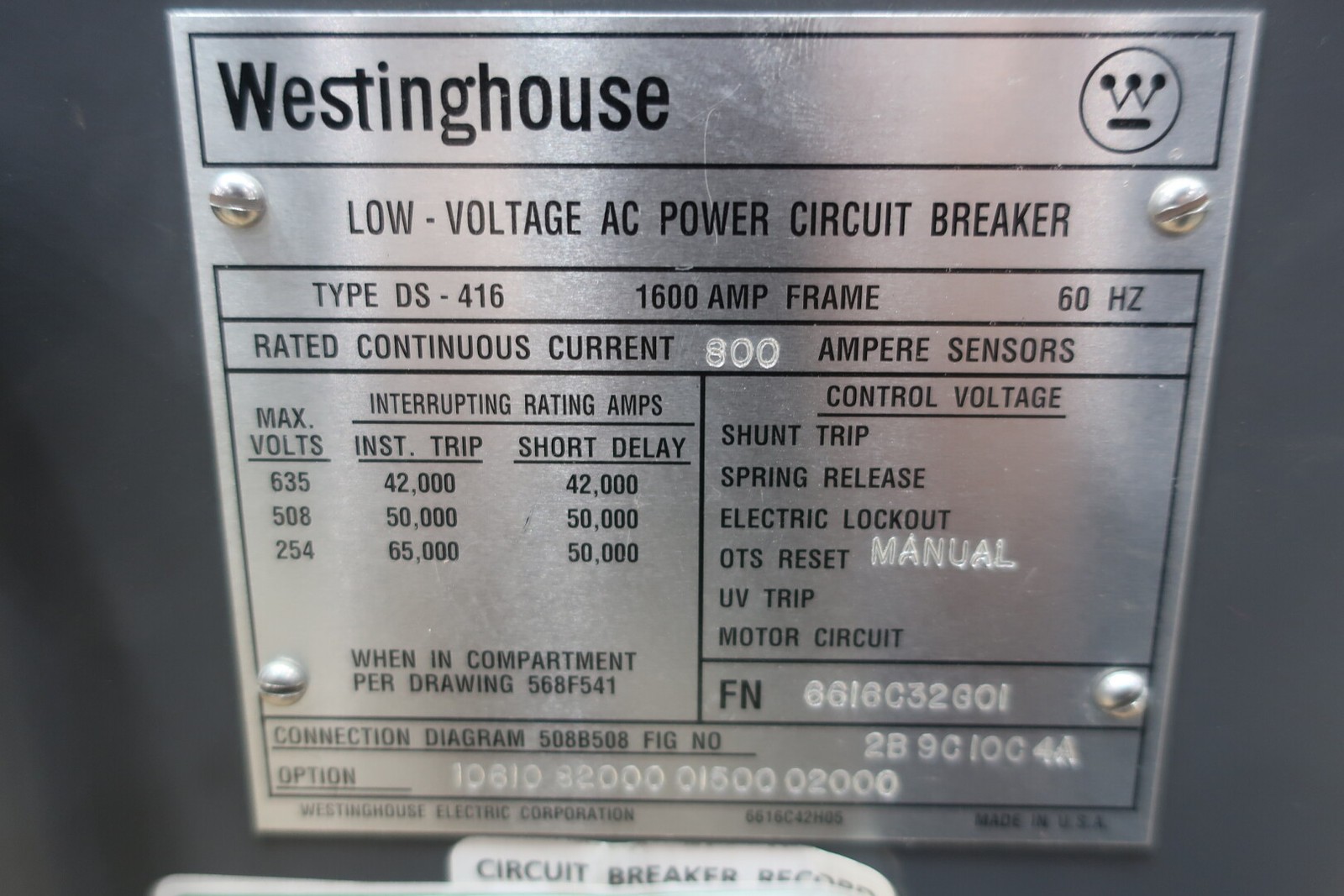 Westinghouse DS-416 Low Voltage Power Circuit Breaker 600v-ac 1600a 800a