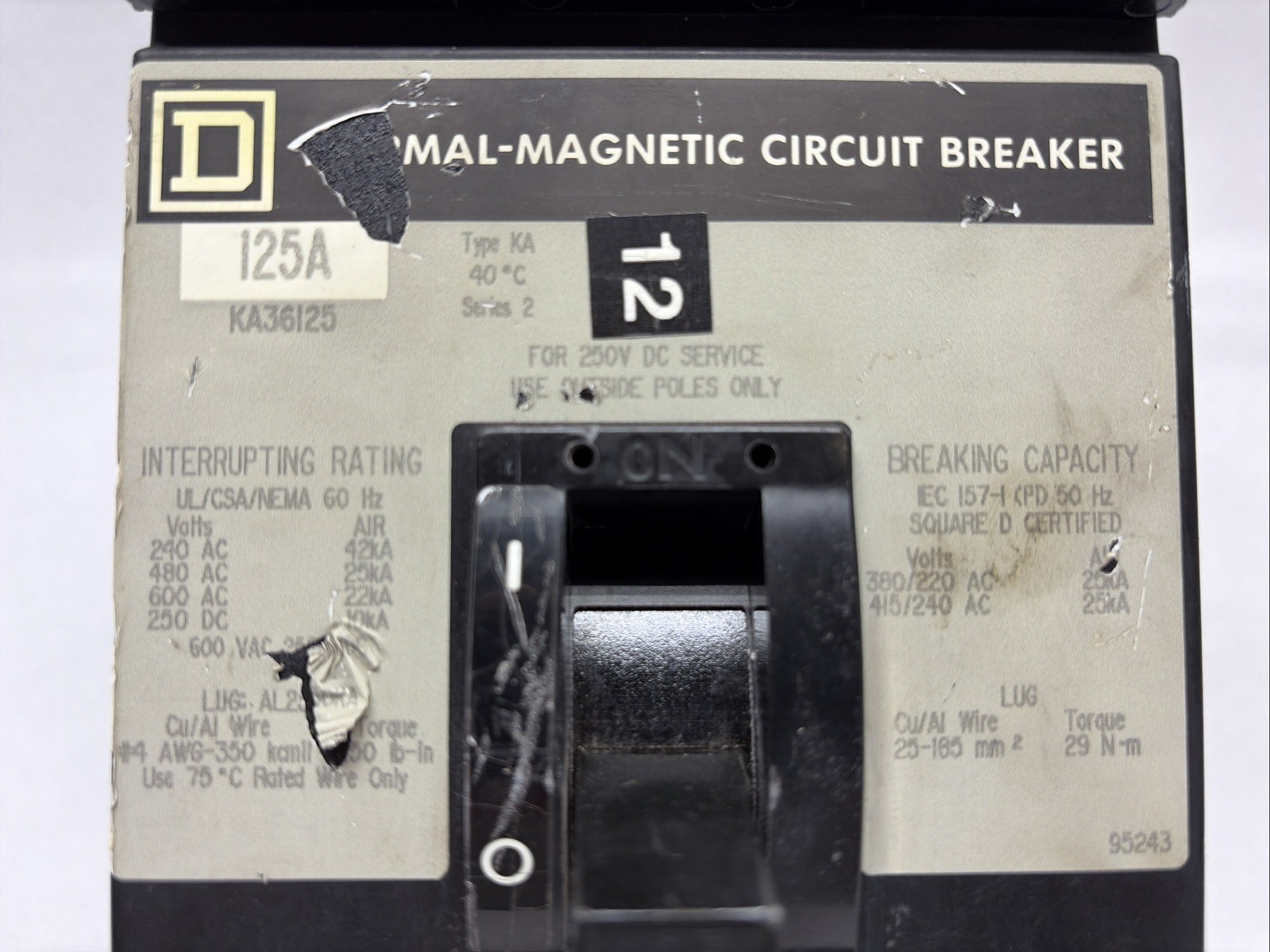Square D KA36125 125A I-Line 3-Pole 600V 25kAIC Circuit Breaker