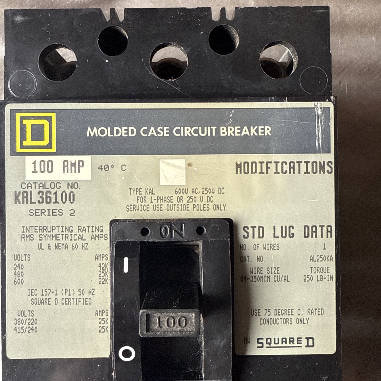 Square D KAL36100 3 Pole 600V 100A Circuit Breaker KAL