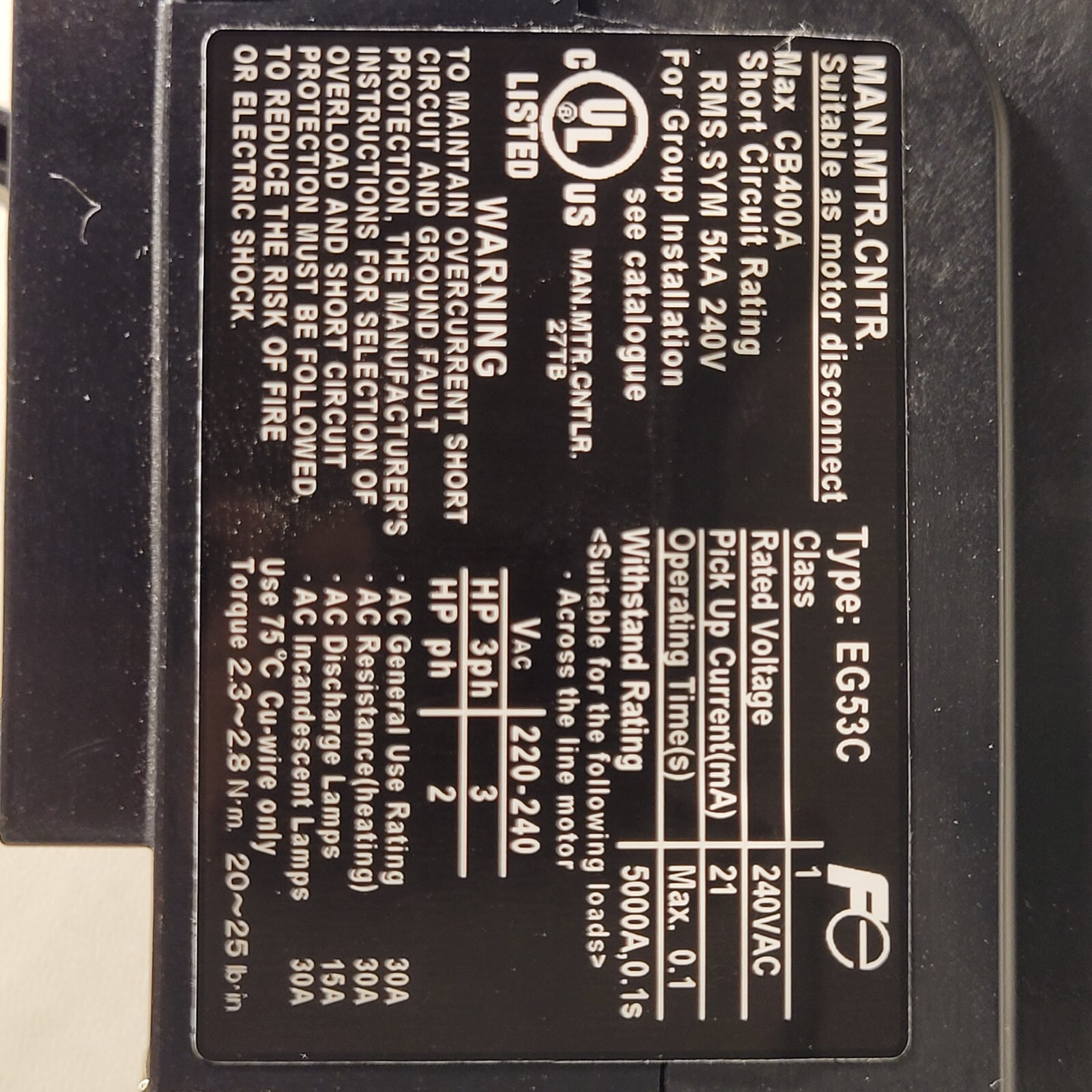 Fuji Electric EG53C Circuit Breaker EB3BEC-030B AC 100-230-440V 30mA 50-60Hz